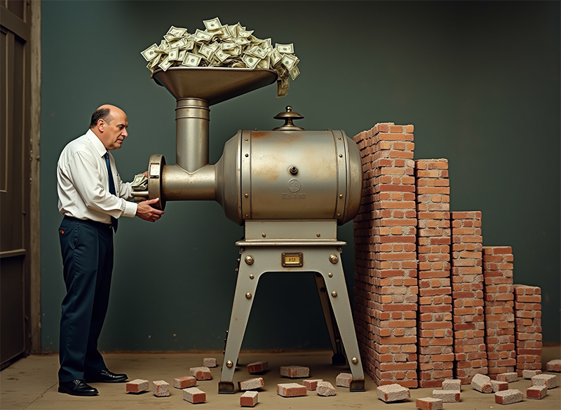 imagen satírica de in inversor que convierte su dinero en ladrillos utilizando una gran máquina picadora de carne