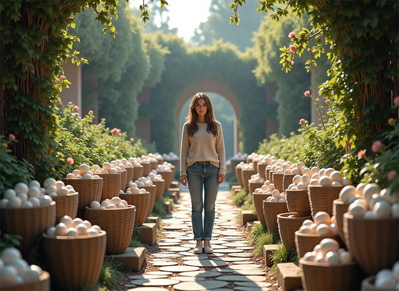 mujer en un bonito jardín rodeada de numerosos cestos llenos de huevos