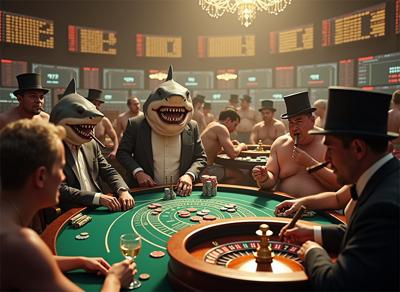 Señores con traje y chistera y tiburones vestidos como personas jugando a la ruleta en un lujoso casino