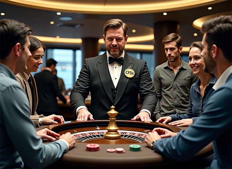 un croupier ante una ruleta en un casino, en su chaqueta puede leerse «CFDs»