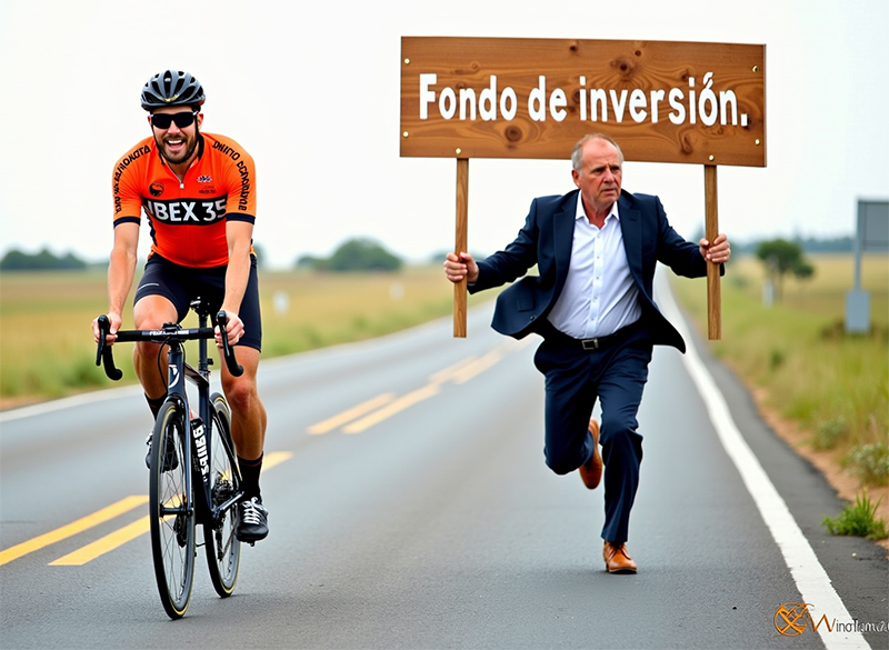 un ciclista con una camiseta donde pone «Ibex35» adelanta a un hombre trajeado que corre agotado portando un cartel donde pone «Fondo de inversión»
