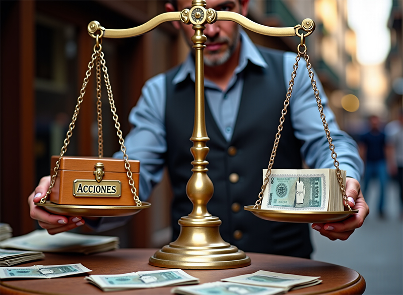 una balanza con una caja donde se lee «acciones» en el lado izquierdo y un fajo de billetes en el lado derecho