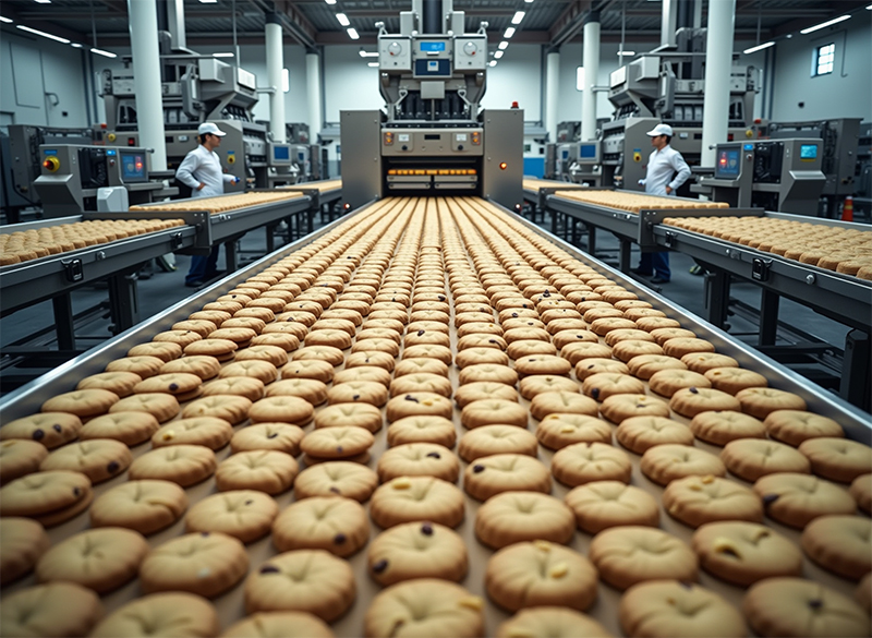 Una cinta transportadora de galletas en el interior de una gran fábrica con mucha mquinaria.