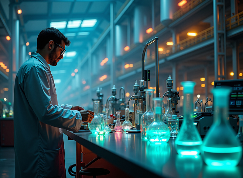 Interior de una fábrica de productos químicos donde un operario trabaja con probetas llenas de líquidos.